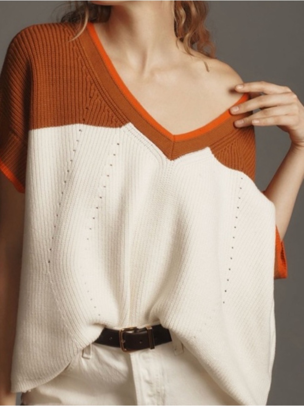 Anthropologie Cream Rust Chunky Knit Sweater Vest V-Neck Boxy XXS